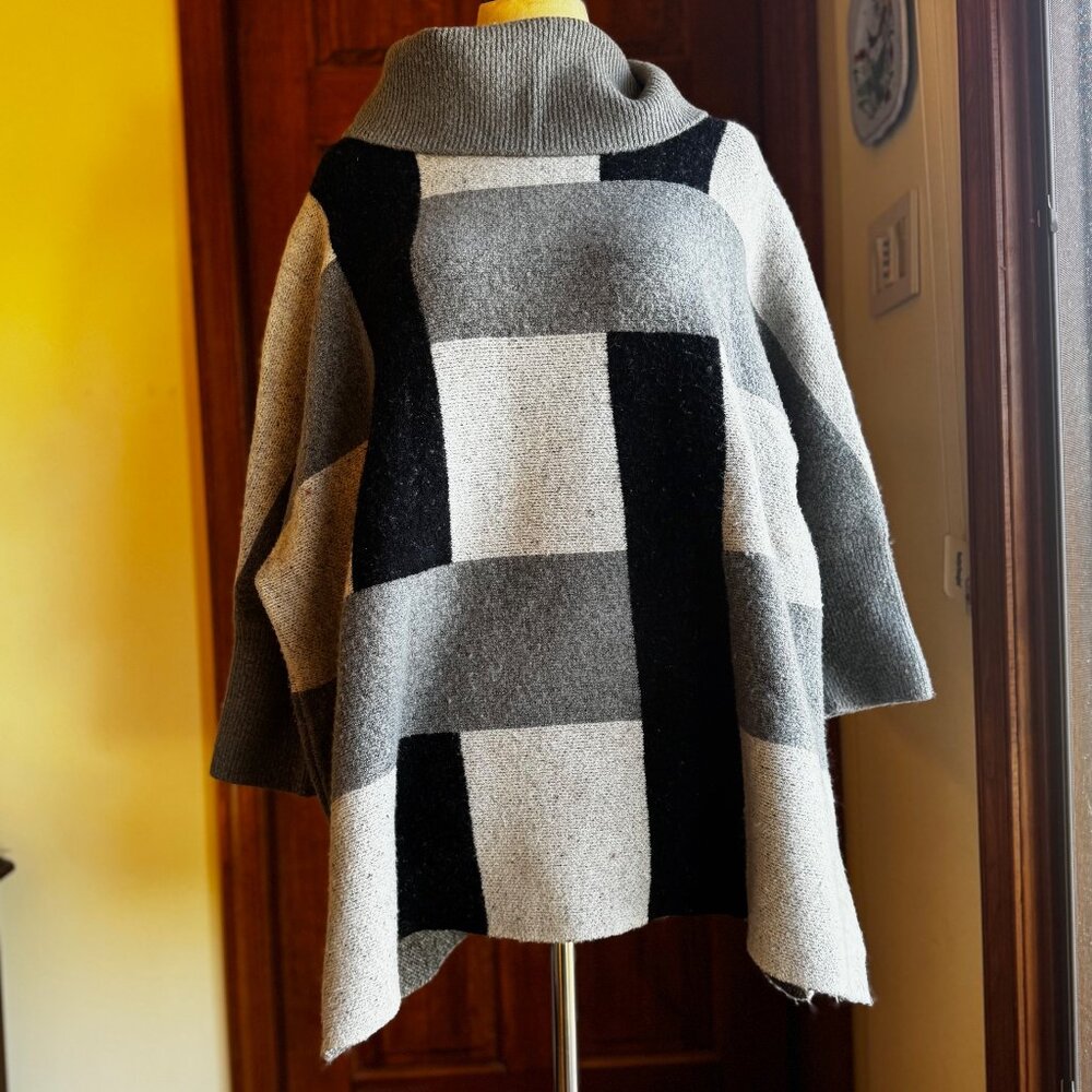 Anne Klein Cowl Neck Grey Monochrome Check Loose Fit Oversize Sweater Sz L